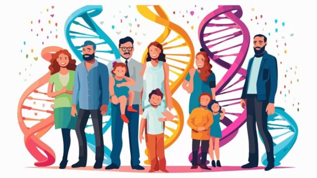 Family standing together in front of a colorful DNA strand.