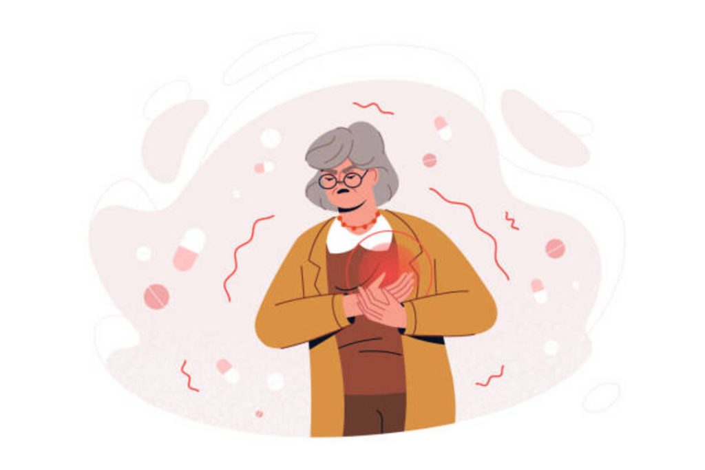 Illustration of an elderly woman holding her chest in pain.
