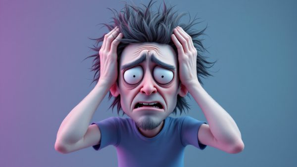 Sleep-deprived cartoon man showing stress and exhaustion