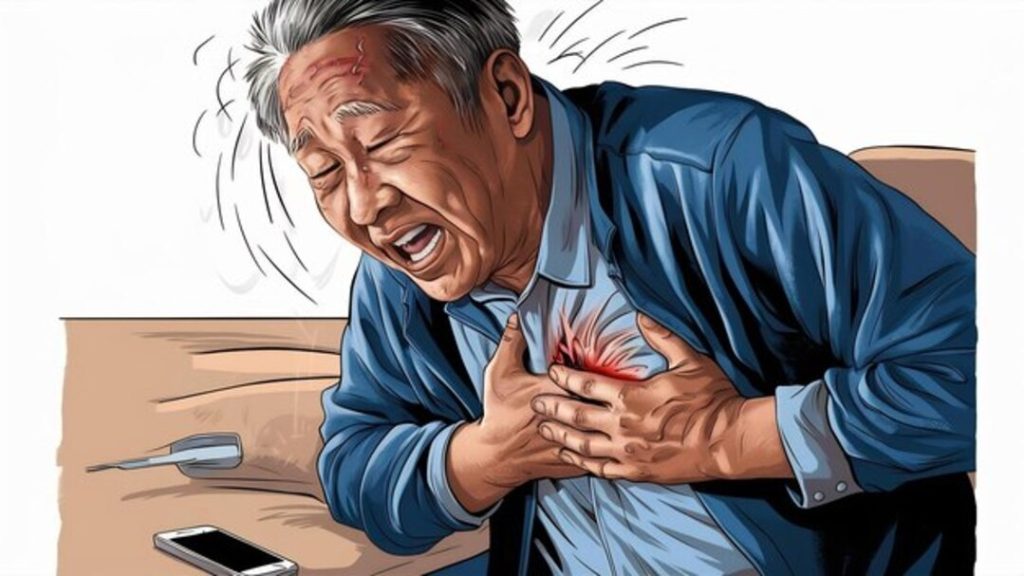 Elderly man suffering from a heart attack, clutching his chest.