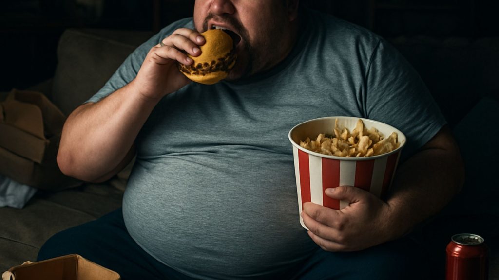 Sleep deprived man eating junk food late at night home alone