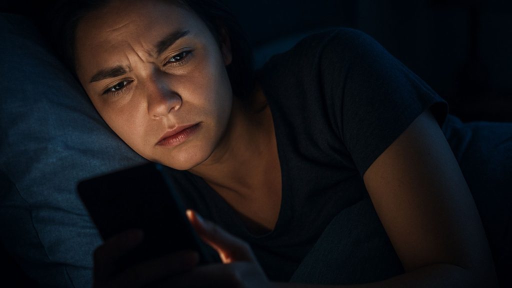 Woman using phone at night struggling with digital sleep issues