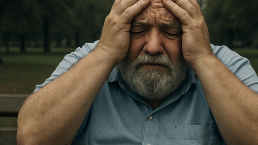 Depressed elderly man reflecting effects of sleep disorders.